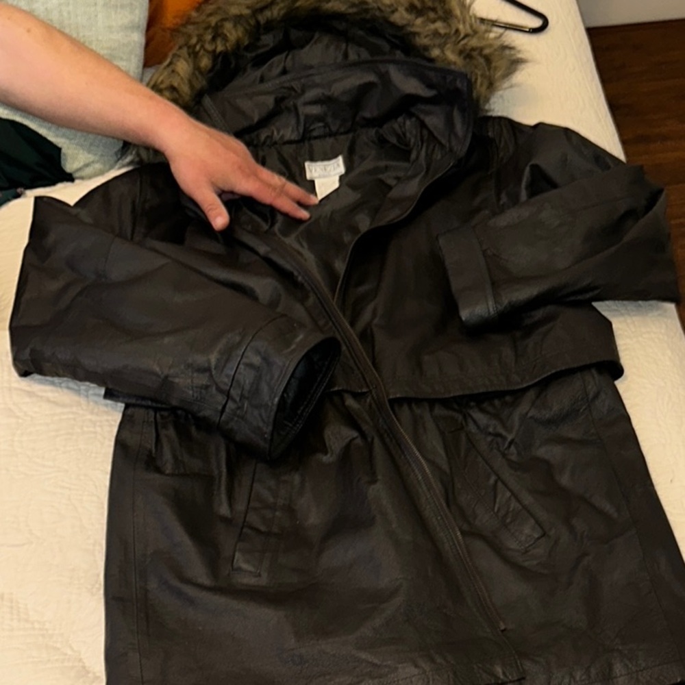 Black Genuine Leather Hooded Jacket with Faux Fur Trim